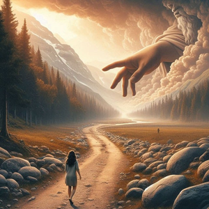 Picture of God's large hand in the sky reaching toward a person walking along a path. Meant to illustrate the Fear of the Lord