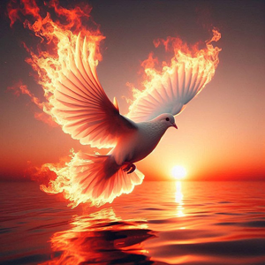 Dove with wings tips on fire. Meant to illustrate the Fruit of the Holy Spirit