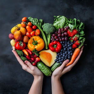 Picture of fruits and veggies in a heart shape meant to illustrate and highlight scriptures about the importance of eating healthy and honoring our bodies.