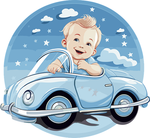 A caricature of a baby sitting in a little blue car surrounded by clouds with a smile. Meant to illustrate imagination.