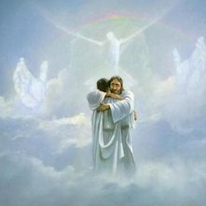 A person meant to be Jesus hugging another person with angels behind. Meant to be a display of His love.