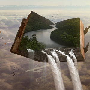 Open book in the sky with water falls pouring out. Meant to illustrate spiritual senses in the Holy Spirit