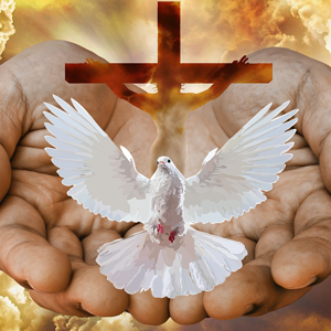 God's open hands, Jesus on a cross, and white dove. Father Son and Holy Spirit. Meant to illustrate the Trinity