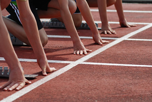 Runners lined up ready to take off. Meant to illustrate running our race in Christ to win!