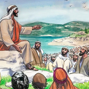 Cartoon image of Jesus teaching. Meant to illustrate the Beatitudes passage